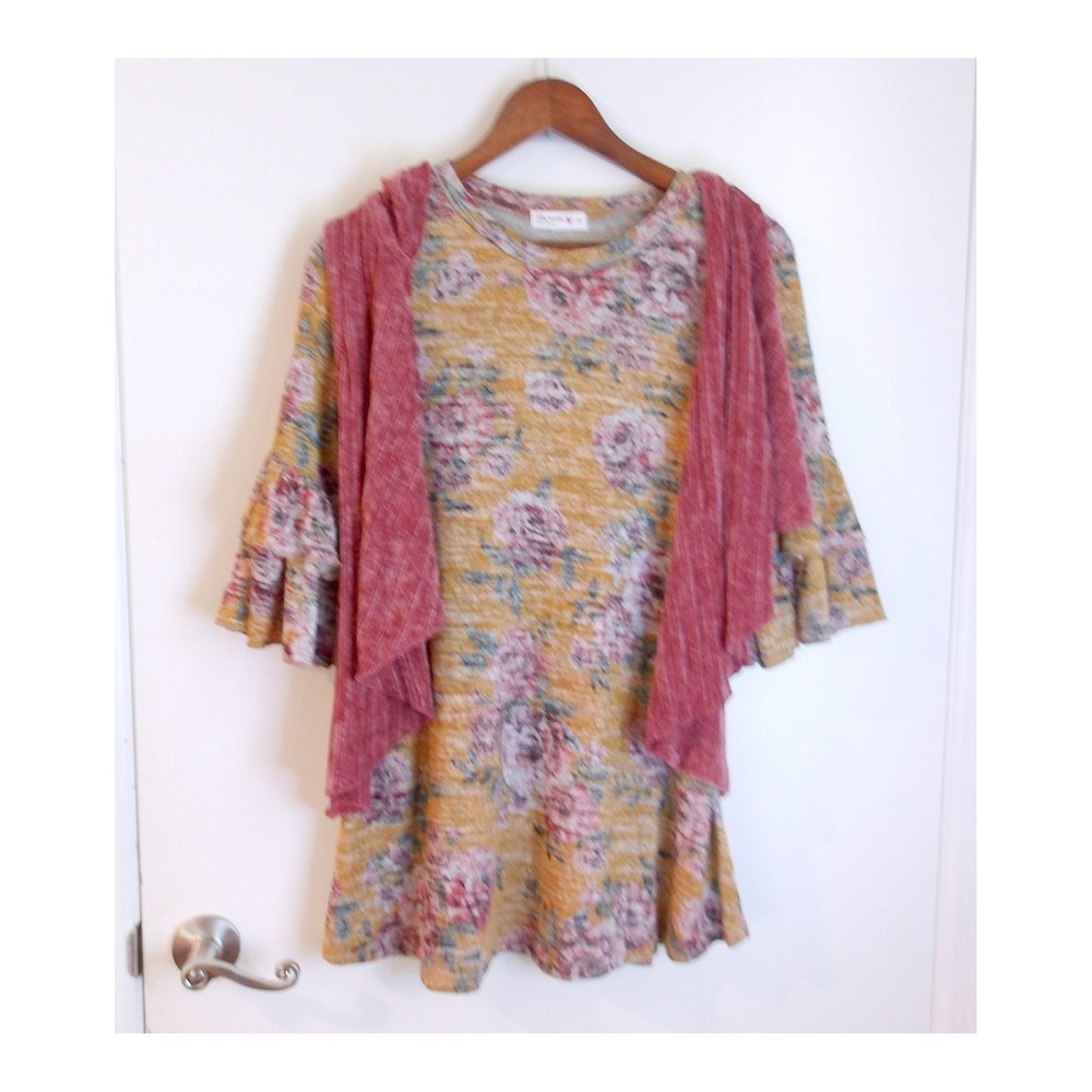 NWT Knitworks 2pc Floral Tunic Top Ruffle Sleeve Knit  Yellow‎ Size 10 /#5294